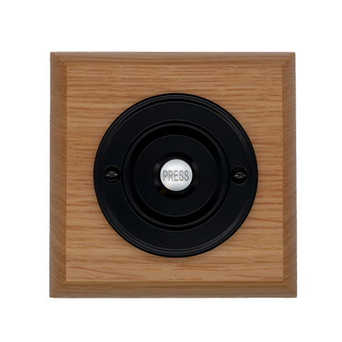 Modern Wireless Doorbell - Stylish Honey Square Wooden Plinth and Black Door Bell Push - Black PRESS Button