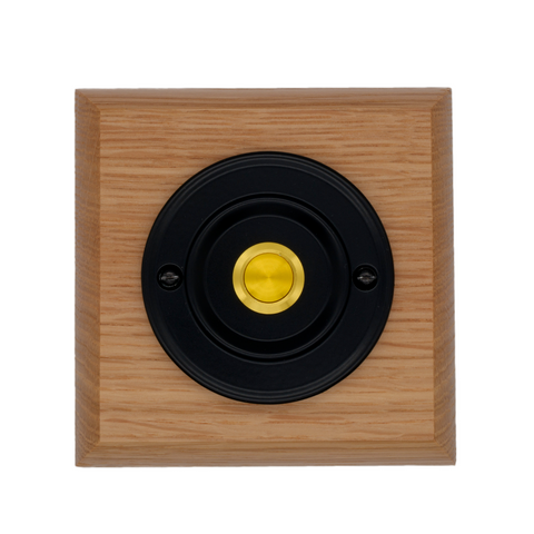 Modern Wireless Doorbell - Stylish Honey Square Wooden Plinth and Black Door Bell Push - Gold Centre Button