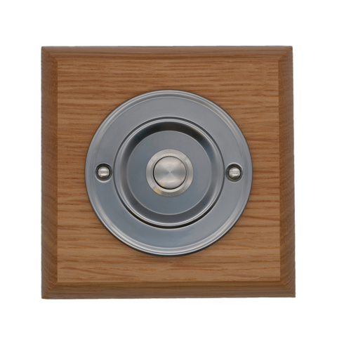 Modern Wireless Doorbell - Stylish Honey Square Wooden Plinth and Brushed Nickel Door Bell Push - Nickel Centre Button