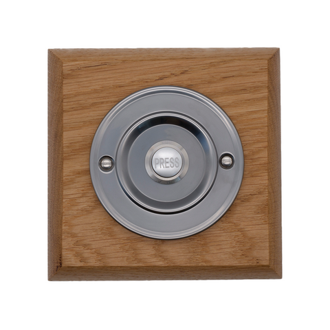 Modern Wireless Doorbell - Stylish Honey Square Wooden Plinth and Brushed Nickel Door Bell Push - Nickel PRESS Button