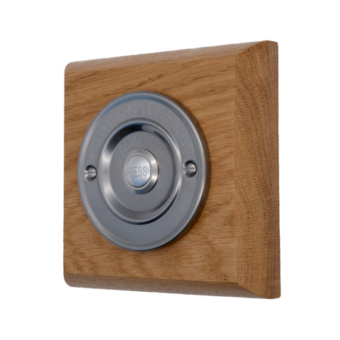 Modern Wireless Doorbell - Stylish Honey Square Wooden Plinth and Brushed Nickel Door Bell Push - Nickel PRESS Button