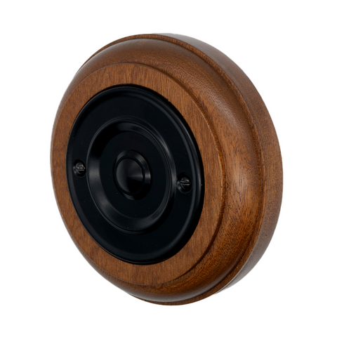 Modern Wireless Doorbell - Stylish Mahogany Round Wooden Plinth and Black Door Bell Push - Black Centre Button