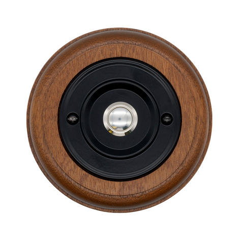 Modern Wireless Doorbell - Stylish Mahogany Round Wooden Plinth and Black Door Bell Push - Chrome Centre Button