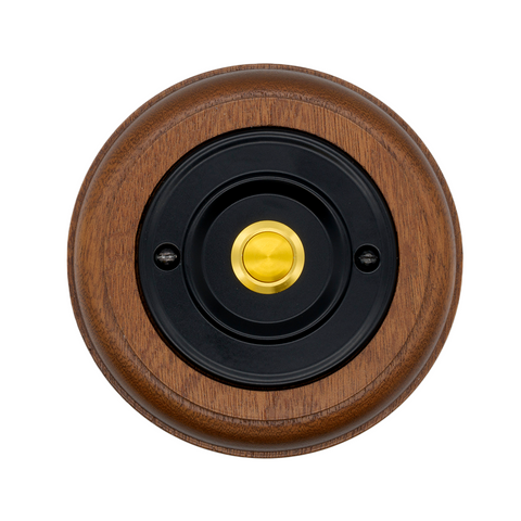 Modern Wireless Doorbell - Stylish Mahogany Round Wooden Plinth and Black Door Bell Push - Gold Centre Button
