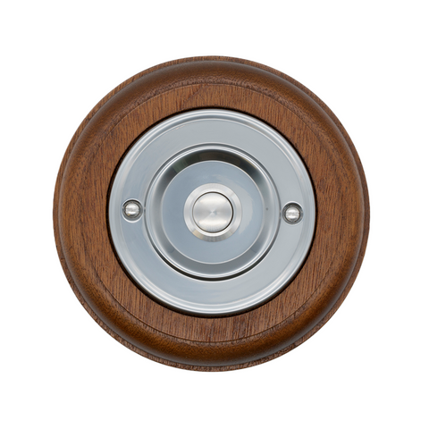Modern Wireless Doorbell - Stylish Mahogany Round Wooden Plinth and Nickel Door Bell Push - Nickel Centre Button