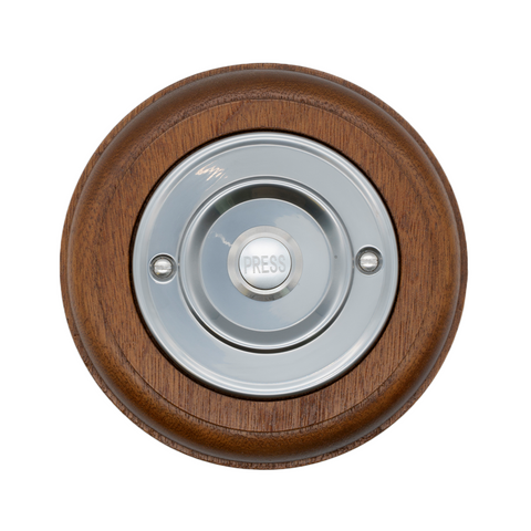 Modern Wireless Doorbell - Stylish Mahogany Round Wooden Plinth and Nickel Door Bell Push - Nickel PRESS Button