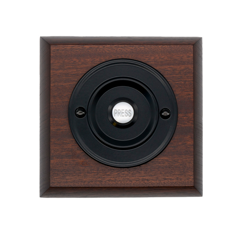 Modern Wireless Doorbell - Stylish Mahogany Square Wooden Plinth and Black Door Bell Push - Black PRESS Button