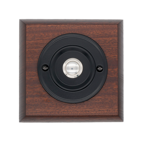 Modern Wireless Doorbell - Stylish Mahogany Square Wooden Plinth and Black Door Bell Push - Chrome Centre Button