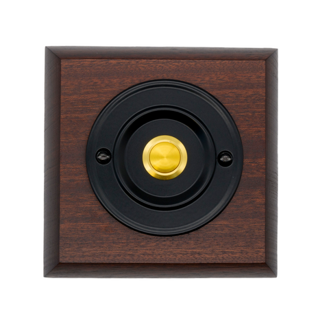 Modern Wireless Doorbell - Stylish Mahogany Square Wooden Plinth and Black Door Bell Push - Gold Centre Button