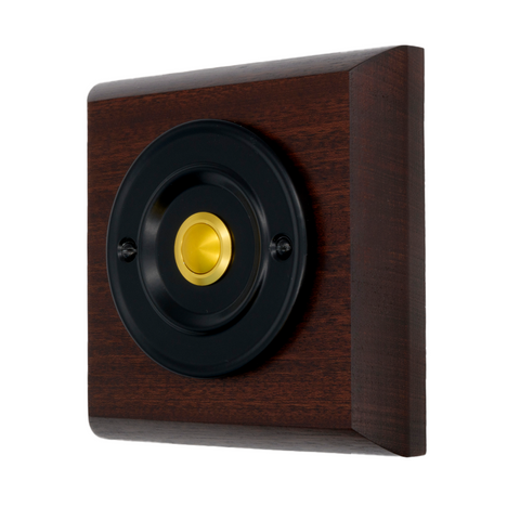 Modern Wireless Doorbell - Stylish Mahogany Square Wooden Plinth and Black Door Bell Push - Gold Centre Button