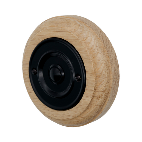Modern Wireless Doorbell - Stylish Natural Round Wooden Plinth and Black Door Bell Push - Black Centre Button