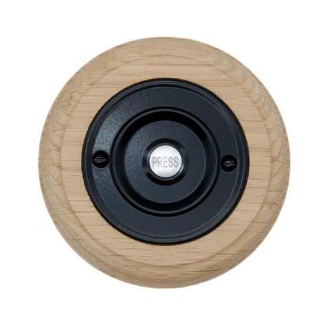 Modern Wireless Doorbell - Stylish Natural Round Wooden Plinth and Black Door Bell Push - Black PRESS Button