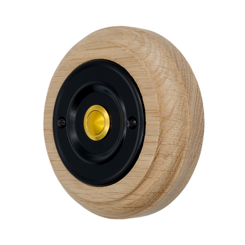 Modern Wireless Doorbell - Stylish Natural Round Wooden Plinth and Black Door Bell Push - Gold Centre Button