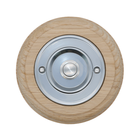 Modern Wireless Doorbell - Stylish Natural Round Wooden Plinth and Nickel Door Bell Push - Nickel Centre Button