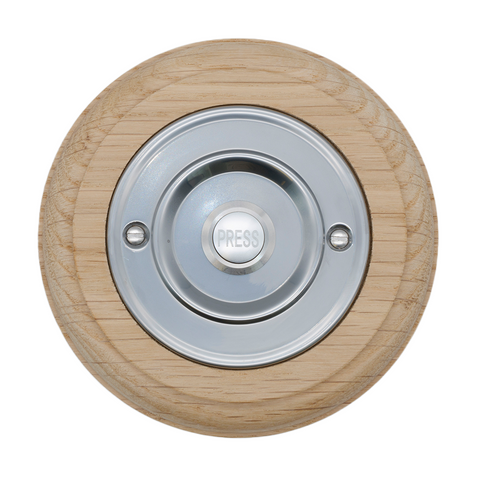 Modern Wireless Doorbell - Stylish Natural Round Wooden Plinth and Nickel Door Bell Push - Nickel PRESS Button