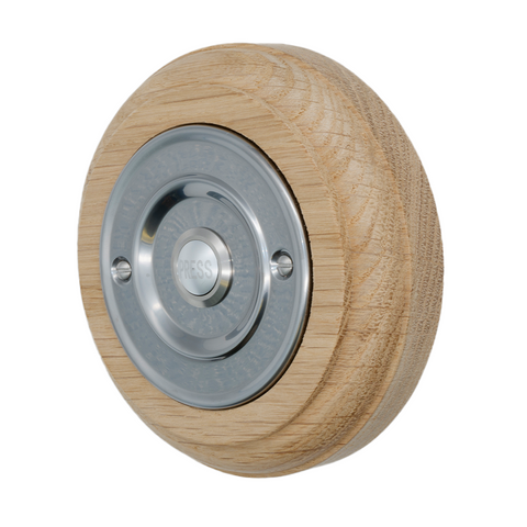 Modern Wireless Doorbell - Stylish Natural Round Wooden Plinth and Nickel Door Bell Push - Nickel PRESS Button