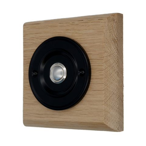 Modern Wireless Doorbell - Stylish Natural Square Wooden Plinth and Black Door Bell Push - Chrome Centre Button