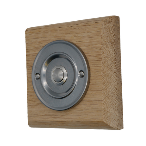 Modern Wireless Doorbell - Stylish Natural Square Wooden Plinth and Brushed Nickel Door Bell Push - Nickel Centre Button