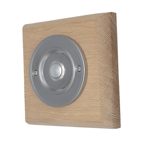 Modern Wireless Doorbell - Stylish Natural Square Wooden Plinth and Brushed Nickel Door Bell Push - Nickel PRESS Button