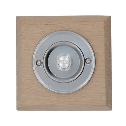 Modern Wireless Doorbell - Stylish Natural Square Wooden Plinth and Brushed Nickel Door Bell Push - Nickel PRESS Button