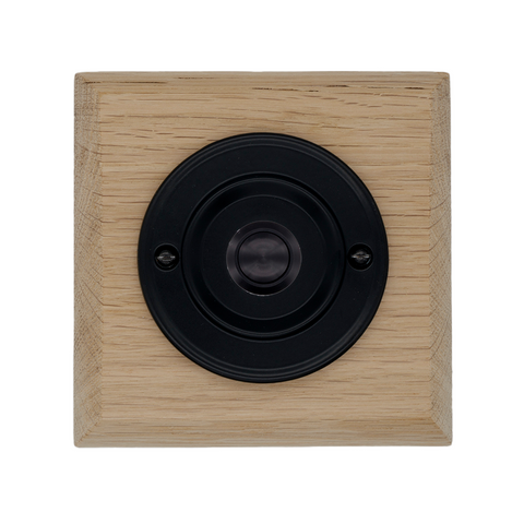 Modern Wireless Doorbell - Stylish Natural Square Wooden Plinth and Black Door Bell Push - Black Centre Button