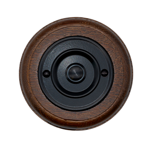 Modern Wireless Doorbell - Stylish Tudor Round Wooden Plinth and Black Door Bell Push - Black Centre Button