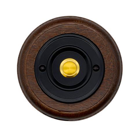 Modern Wireless Doorbell - Stylish Tudor Round Wooden Plinth and Brushed Nickel Door Bell Push - Gold Centre Button