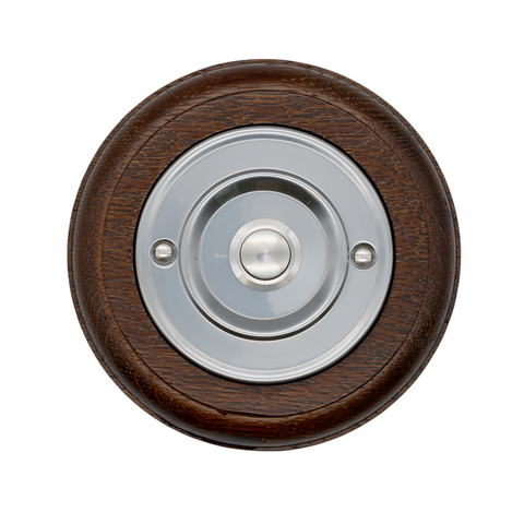 Modern Wireless Doorbell - Stylish Tudor Round Wooden Plinth and Brushed Nickel Door Bell Push - Nickel Centre Button