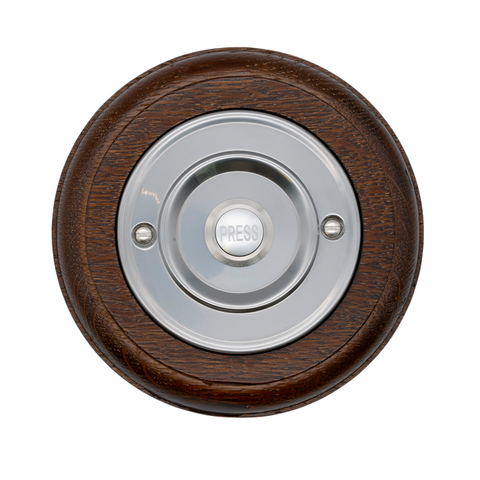 Modern Wireless Doorbell - Stylish Tudor Round Wooden Plinth and Brushed Nickel Door Bell Push - Nickel PRESS Button