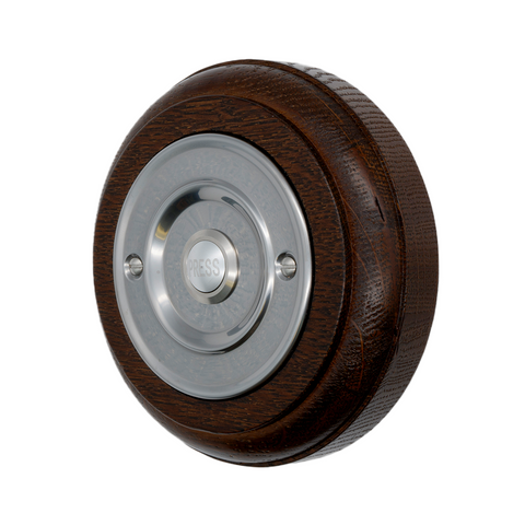 Modern Wireless Doorbell - Stylish Tudor Round Wooden Plinth and Brushed Nickel Door Bell Push - Nickel PRESS Button