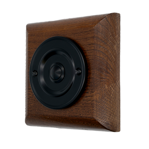 Modern Wireless Doorbell - Stylish Tudor Square Wooden Plinth and Black Door Bell Push - Black Centre Button