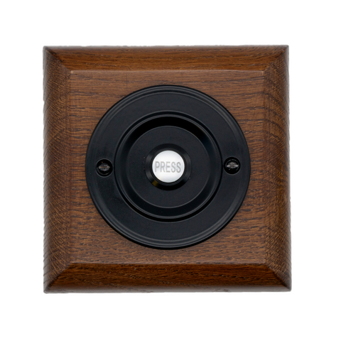 Modern Wireless Doorbell - Stylish Tudor Square Wooden Plinth and Black Door Bell Push - Black Centre Button Black PRESS