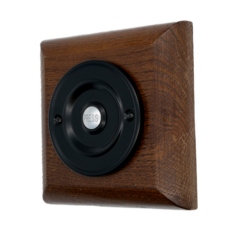 Modern Wireless Doorbell - Stylish Tudor Square Wooden Plinth and Black Door Bell Push - Black Centre Button Black PRESS
