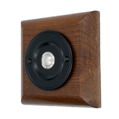 Modern Wireless Doorbell - Stylish Tudor Square Wooden Plinth and Black Door Bell Push - Chrome Centre Button