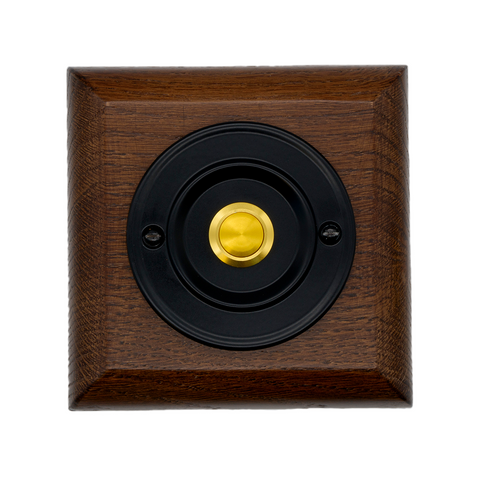 Modern Wireless Doorbell - Stylish Tudor Square Wooden Plinth and Black Door Bell Push - Gold Centre Button