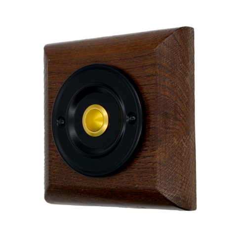 Modern Wireless Doorbell - Stylish Tudor Square Wooden Plinth and Black Door Bell Push - Gold Centre Button