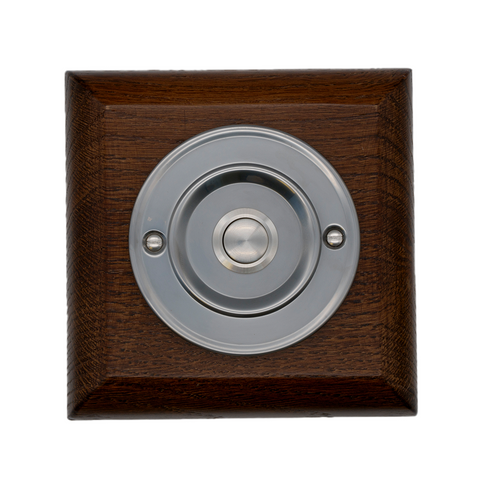 Modern Wireless Doorbell - Stylish Tudor Square Wooden Plinth and Brushed Nickel Door Bell Push - Nickel Centre Button