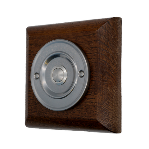 Modern Wireless Doorbell - Stylish Tudor Square Wooden Plinth and Brushed Nickel Door Bell Push - Nickel Centre Button