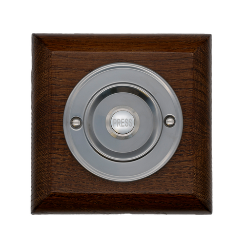 Modern Wireless Doorbell - Stylish Tudor Square Wooden Plinth and Brushed Nickel Door Bell Push - Nickel PRESS Centre Button