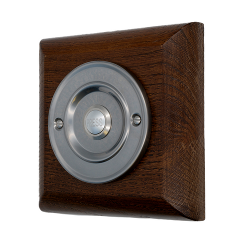 Modern Wireless Doorbell - Stylish Tudor Square Wooden Plinth and Brushed Nickel Door Bell Push - Nickel PRESS Centre Button