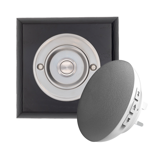 Modern Wireless Doorbell - Stylish Black Ash Square Wooden Plinth and Nickel Door Bell Push - Nickel Centre Button