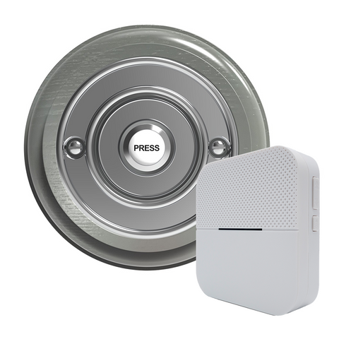 Traditional Wireless Doorbell - Vintage Style Round Grey Ash Wooden Plinth and Chrome Door Bell Push