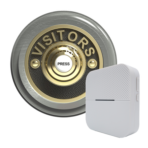 Traditional Wireless Doorbell - Vintage Style Round Grey Ash Wooden Plinth and VISITORS Brass Door Bell Push