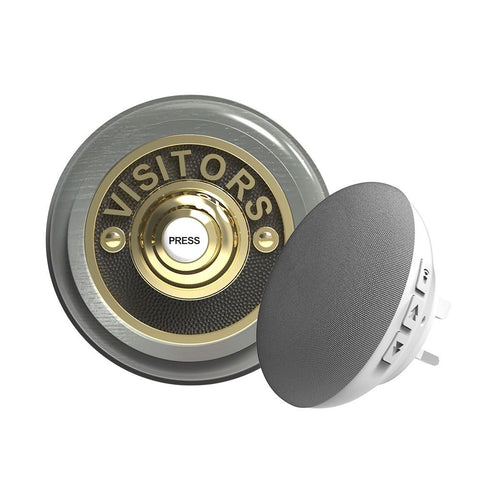 Traditional Wireless Doorbell - Vintage Style Round Grey Ash Wooden Plinth and VISITORS Brass Door Bell Push