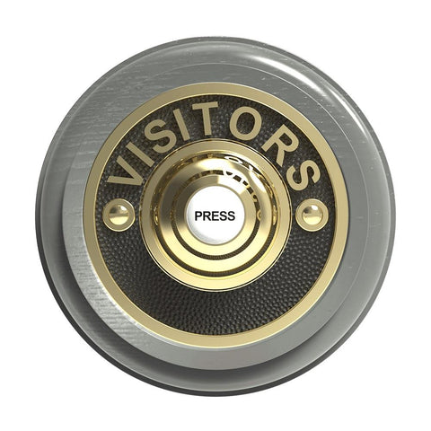 Traditional Wireless Doorbell - Vintage Style Round Grey Ash Wooden Plinth and VISITORS Brass Door Bell Push