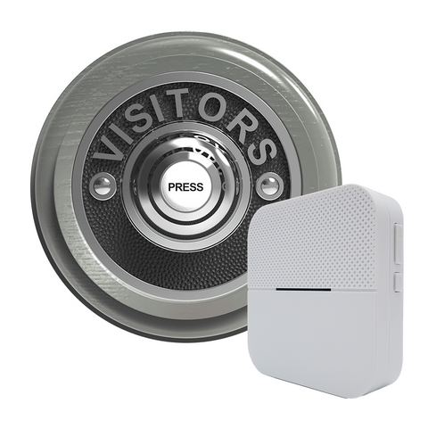 Traditional Wireless Doorbell - Vintage Style Round Grey Ash Wooden Plinth and VISITORS Chrome Door Bell Push