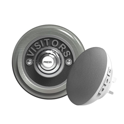 Traditional Wireless Doorbell - Vintage Style Round Grey Ash Wooden Plinth and VISITORS Chrome Door Bell Push