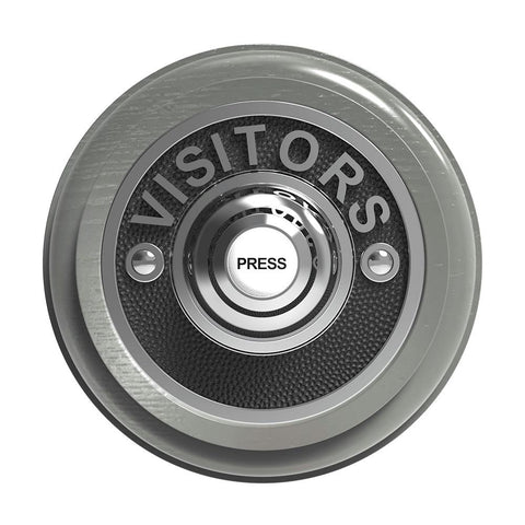 Traditional Wireless Doorbell - Vintage Style Round Grey Ash Wooden Plinth and VISITORS Chrome Door Bell Push