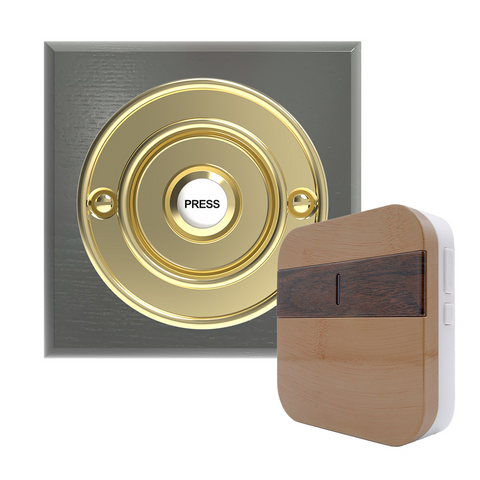 Traditional Wireless Doorbell - Vintage Style Square Grey Ash Wooden Plinth and Brass Door Bell Push