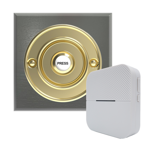 Traditional Wireless Doorbell - Vintage Style Square Grey Ash Wooden Plinth and Brass Door Bell Push